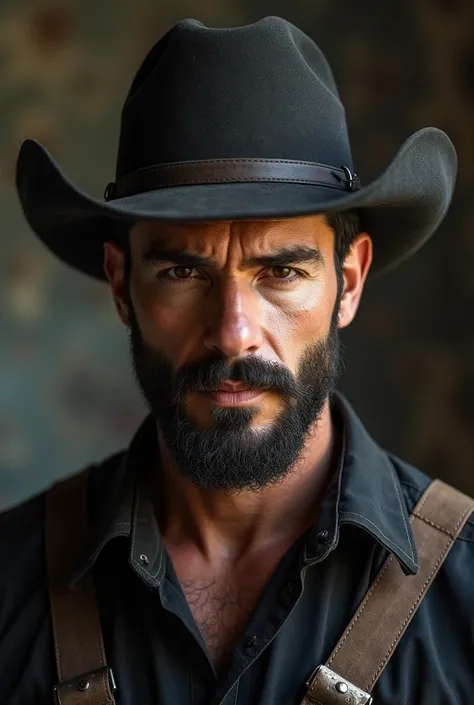  strong handsome and athletic man, three days beard,  olive skin ,  short black dark hair shaved at the sides, slightly black eyes,  hyperealistic , cow boy, worn dusty damaged black clothes and hat,  though rude face, 