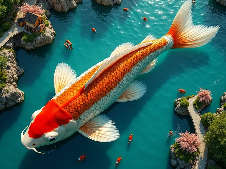 Ultra-high definition 16K double exposure photography: Aerial view of a monumental Japanese koi fish in crystal-clear azure waters, its pearlescent scales shifting between vermillion, gold, and pure white, serving as a living canvas for an intricate miniat...