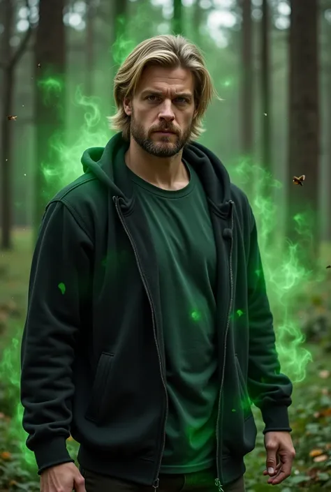   handsome man with tall and muscular tanned skin with shoulder-length blond hair and short beard , dressed in a black sweatshirt with a dark green t-shirt wearing a book of spells being surrounded by green energy , in a forest with dead trees in combat po...