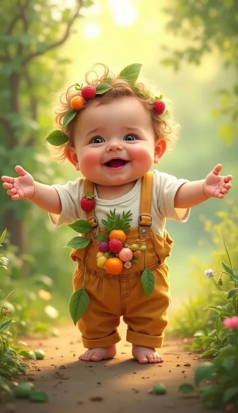  A baby wearing a fruit and flower outfit , He is standing with his arms open 