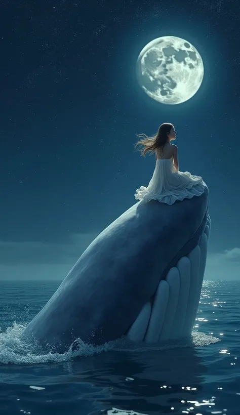 the scene from the movie is very realistic,  view from above ,girl in a dress sits on a big whale,  looking at the stars  , the light from the moon illuminates her pretty face.