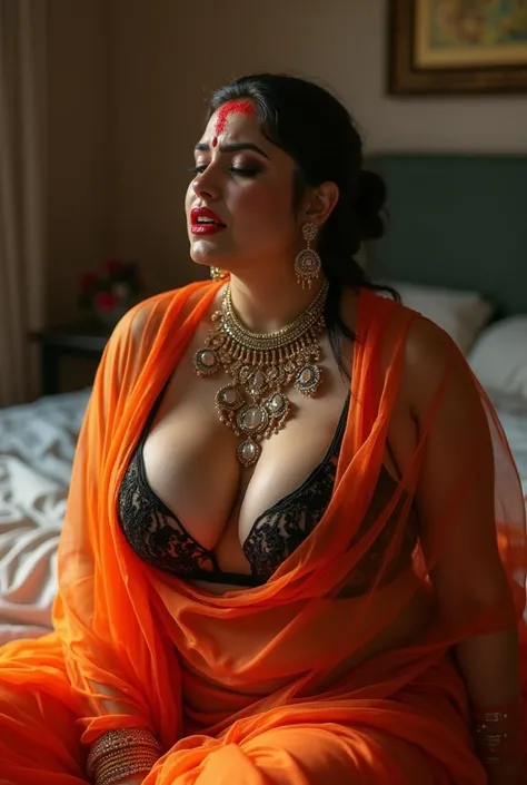 (photorealism:1.2), photo of Voluptuous  , erotic hindu goddess  wearing Transparent neon orange colour saree and Black Blouse, showing her super large U cut Cleavage, Sindoor on her forehead, Hair Tied behind, Sitting on bed fuck NSFW big pump lips red li...