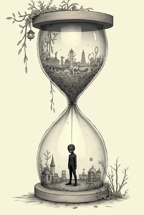 An hourglass with a little guy in black and more in drawing