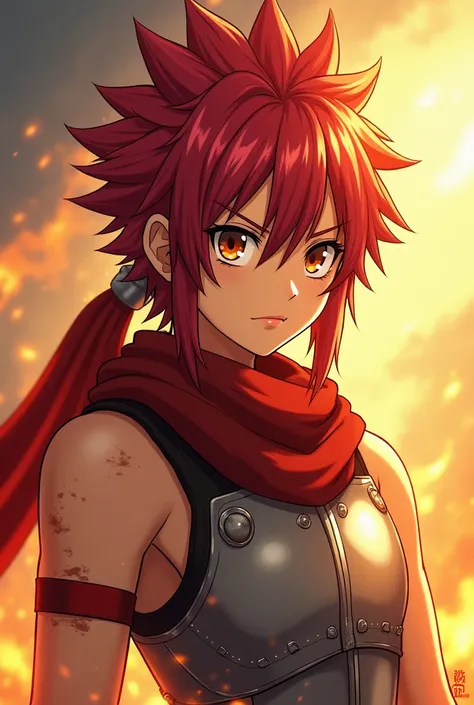 Create an image :  Let's imagine together the appearance of a hypothetical son of Natsu Dragneel and Erza Scarlet ,  two of the most iconic characters in the series  "Fairy Tail". 

**Name:**  Blaze Scarlet Dragneel 

** semi-feminine :**

- ** hair :**  B...