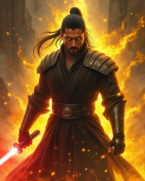 man with yellow eyes, long black hair with yellow streaks, tied in a ponytail, aura of golden flames. Wearing armored Jedi robes. Holding a red lightsaber.