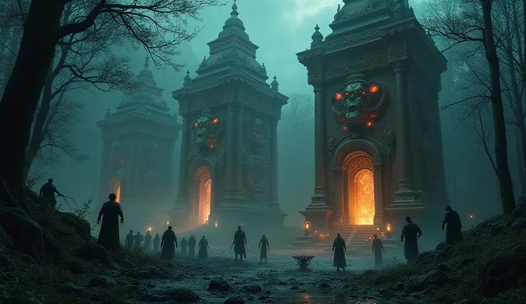 Thousands of demonic forces work hard to build temples little by little at night in the forest of the background
Realistic 18k very detailed