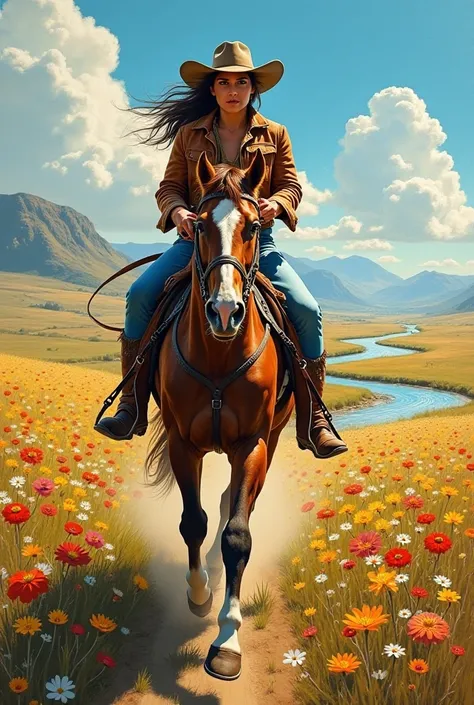 modern painting, Cowgirl woman galloping across the flowery field and nearby river 