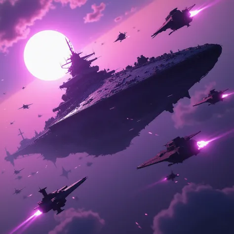 a slightly damaged mothership fighting off fighters and bombers. with a sun in the background use a vibrant purple theme