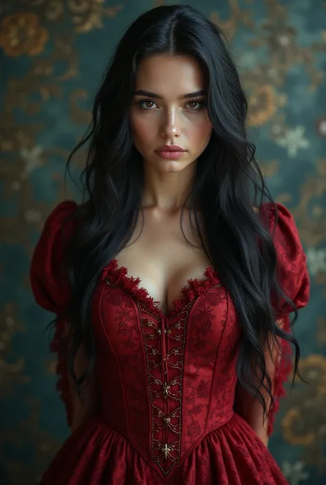 Front Cover of a young beautiful lady, 
18, Young Beautiful woman, long black hair,  brown eyes, perfect face, bright eyes, kindness, wearing a victorian era dress in dark red. In front of her is a tall, handsome and stocky Higlander with beard, hard eyes ...