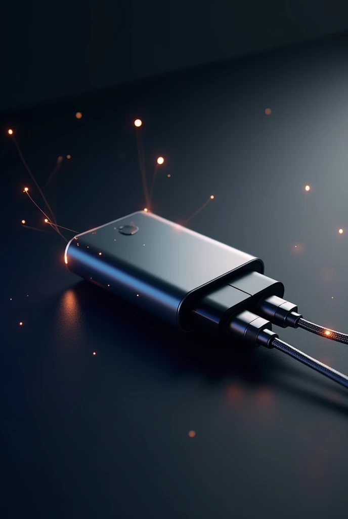 " Image of a fast and powerful charger ,  with a modern and compact design ,  highlighted on a dark background with soft lighting .  The charger has a shiny finish with metallic details for a premium touch . The cable is connected ,  conveying a sense of t...