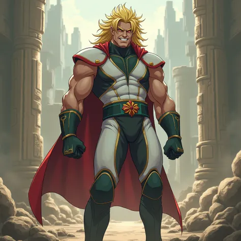 Male villain. Wild blonde hair. Sleeveless white bodysuit with dark red and green trim. Long gloves and boots. Mean smile. Doom 2016. Steven Universe. Yugioh. My Hero Academia. Fist of the North Star. Ganondorf. Power Rangers. Digital art. In a ruined city...