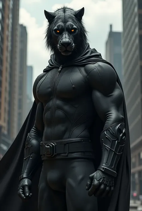 A young black super hero wear black suit with black lion mask