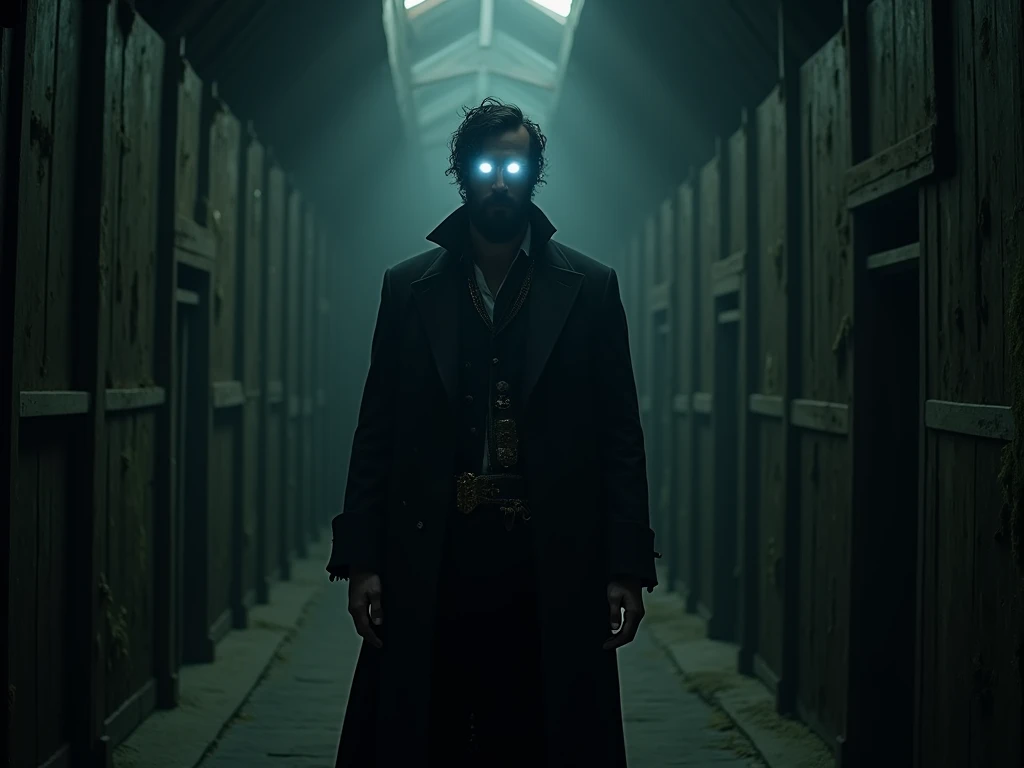 A tall man,  wearing a long antique-style overcoat ,  with black hair and beard ,  is in a large room inside an old wooden house. The room,  that seems like a captivity intended to keep prisoners , It's dark and humid ,  with aged wood and the walls covere...