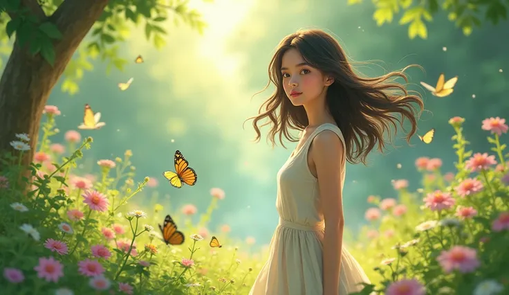 "A 16-year-old girl sitting in a beautiful garden, surrounded by colorful flowers and lush greenery. She has a peaceful expression, wearing a light summer dress, with sunlight gently filtering through the trees. Butterflies flutter around her, and a soft b...