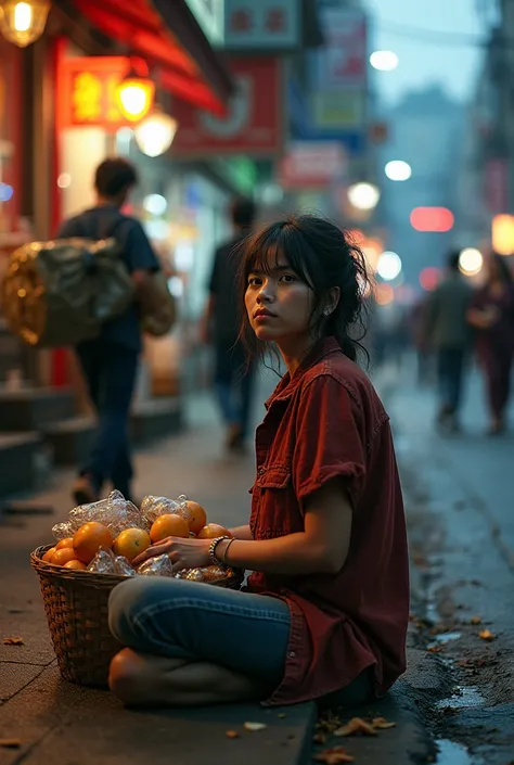 A  with messy hair and dirty clothes, sitting on a sidewalk on a busy street while selling fruit. Her look is sad and tired ,  watching people go by without noticing it . At your side,  a boy her own age carries a heavy box with recycled bottles .  in the ...