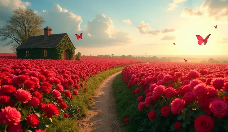 A vast field of red roses in full bloom, stretching to the horizon under a soft blue sky with delicate white clouds. The setting sun casts a golden light over the petals, creating a gentle glow and enchanting reflections. In the center of the field, a wind...