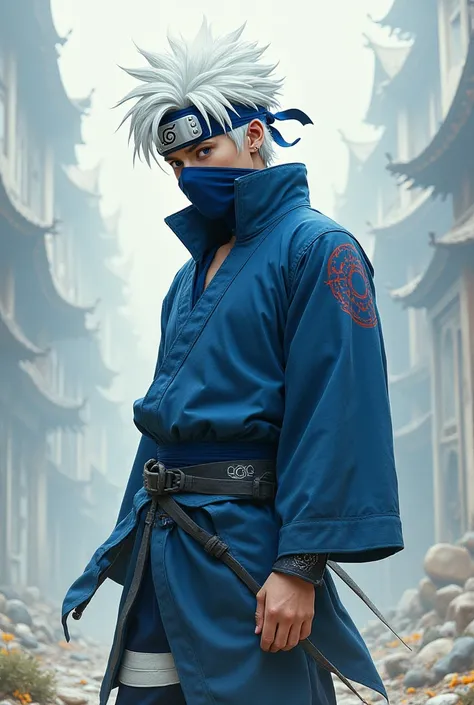 He has white hair, a Naruto mask, he has a blue outfit and he has a one, a Sasuke pants and that's it.