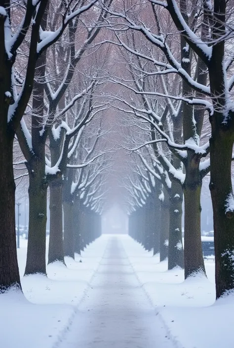 there is a street lined with trees and snow covered sidewalks, a picture by Luis Paret y Alcazar, flickr, baroque, february), snowing, snow on trees and ground, an alley in paris in winter, beautiful trees, during snowfall, snowfall, pale as the first snow...