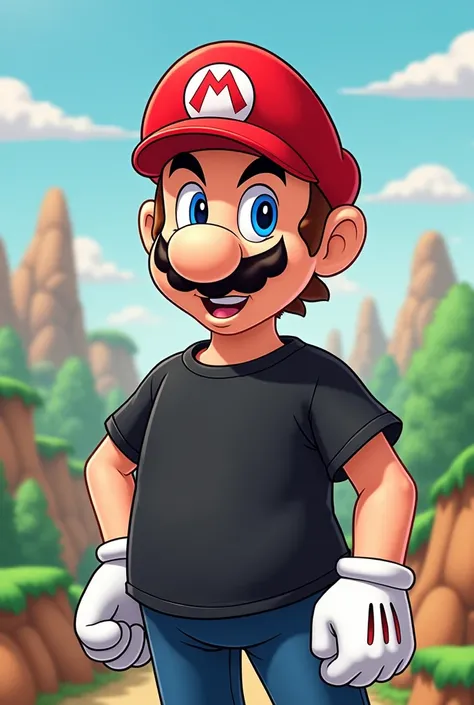 Mario Bros with a black t-shirt that is just his black t-shirt and that he doesn't cover it at all to put on a Viking logo and helmet, Cartoon with on Nintendo