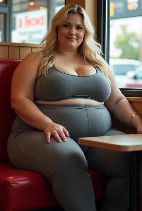 plus-size model with tight athleisure outfit sitting in a fast food restaurant booth, morbidly obese, white woman, beautiful face, perfect face, too fat for the booth, too fat to stand up, tight space, lipedema, extremely fat body, weighs over 1000 pounds,...