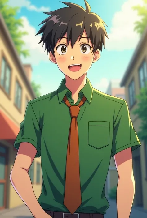  men's tie,  young, anime, chestnut, happy smile, green clothes, casual 