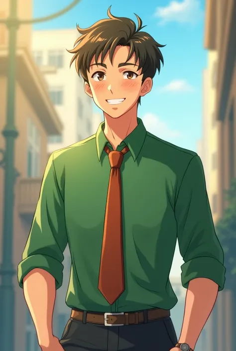  men's tie,  young, anime, chestnut, happy smile, green clothes, casual 