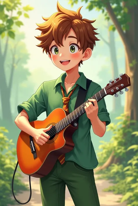  men's tie,  young, anime, chestnut, happy smile, Casual green clothes.  playing guitar 