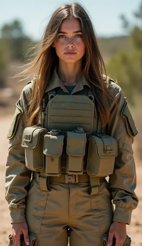 American, girl , young,  long hair, extremely thin,  sun brown , USArmy,  military clothing, Protection vest ,  deployment clothing , Realistisch, ganz körper foto