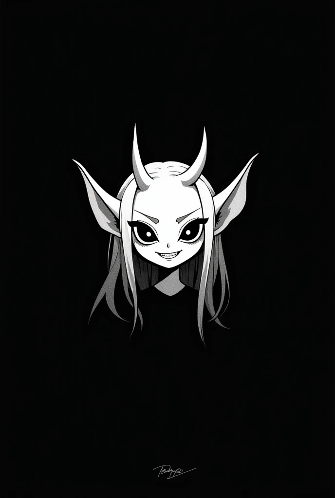 girl demon, black background, white art, full view, simple cartoon style, doodle minimalist art