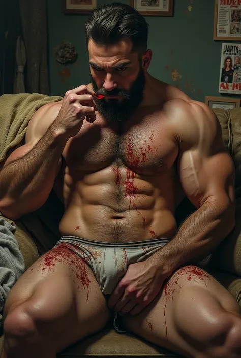 A naughty daddy man  ,  handsome attractive perfect male face ,  large body very muscular defined veins in the body , by the bodies,  shirtless ,  wearing dirty underwear kissed axed and grimy and dirty  ,  Anatomy of the perfect body , attractive muscular...