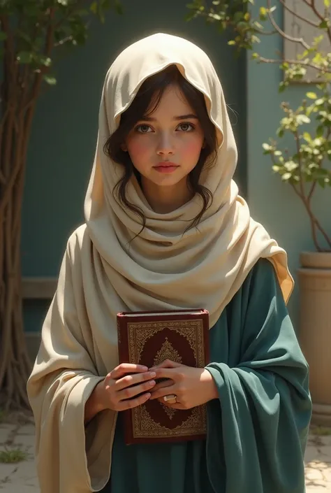 A girl wearing a hijab whose hair does not show her is carrying the book of the Quran 