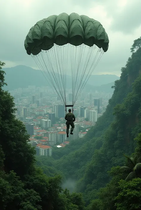 A group of people in green camouflage jumping with a parachute from a military plane in the middle of a city buried in the middle of the jungle