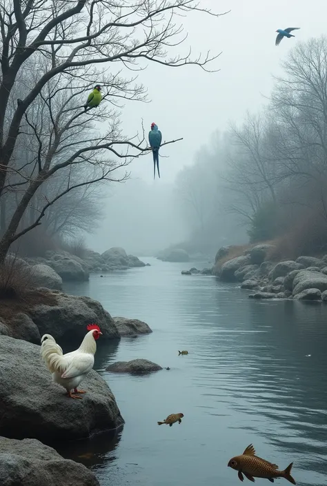 A gray river with wild fish of the species Bodo Pedra swimming,  surrounded by rocks and trees in shades of gray .

A silky white chicken on the rock next to the water .

 2 green and another blue parakeet perched on dry branches above the river or flying ...