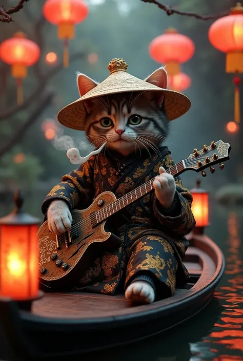 3D Fantasy  .  a Cat ,  playing guitar waving in the wind ,  with a costume Tactical Funky Warrior of Darkness Patterned black and Gold Merchant Nobles Dinasty Han.  patterned straw hat ,  has a very detailed guitar put on top of dark pants .  Playing guit...