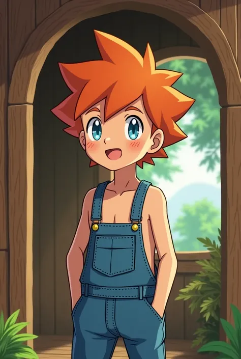  boy orange hair look at my new denim overalls! shirtless treehouse Pokemon style