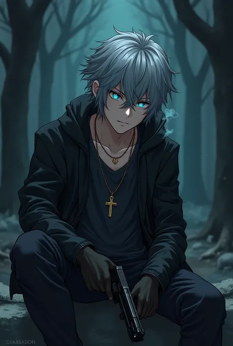  A age boy ,  gray hair with black highlights , neon cyan eyes ,  he's wearing a loose black shirt under a black jacket,  he has a necklace with a gold cross ,  he has a serious expression on his face ,  he's smoking a cigarette and holding a gun ,  he's s...