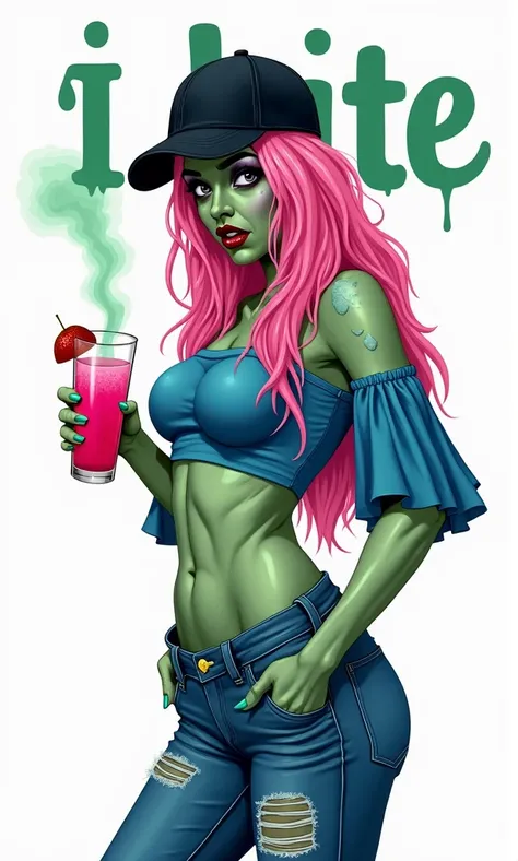 
zombie woman with pink long hair, her skin is green with blue patches on her body, a black baseball cap, in his hand he holds a pink cocktail with green smoke, the other hand is in his pocket, bimbo, on it is blue top with airy sleeves, blue ripped jeans,...