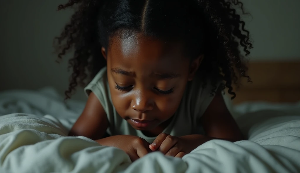 Image of a young 8years old black girl crying on her bed and feeling depressed. Let it look like a real person. 