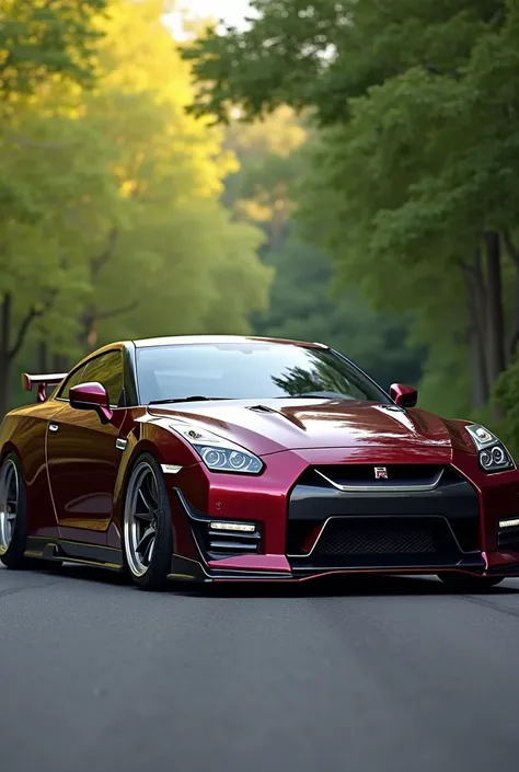 nissan gtr, On the street in the afternoon with forest landscape,  with posture modification, metallic wine color, Realistic 3D sports wheels to attract attention 