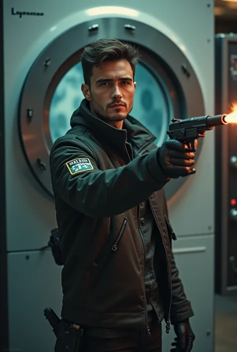 Create a video from this: 27-year-old and strong physics teacher, In front of a time machine, in a military installation. He and soldiers fight with weapons at leisure and futuristic costumes against spies on the city's streets during the day.