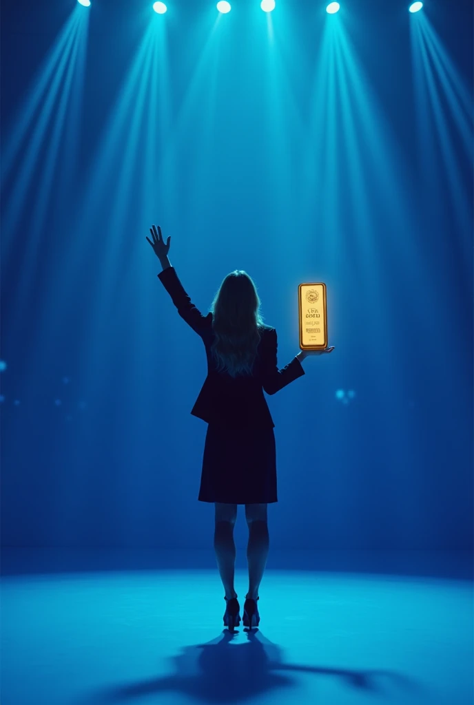  realistic image,  front, a female executive holding her slightly raised left hand, a large 18 K gold bar, Intense blue stage , with white and blue lines on the wall ,  spotlights with white lights ,  a smooth intense blue floor ,  with light reflections o...