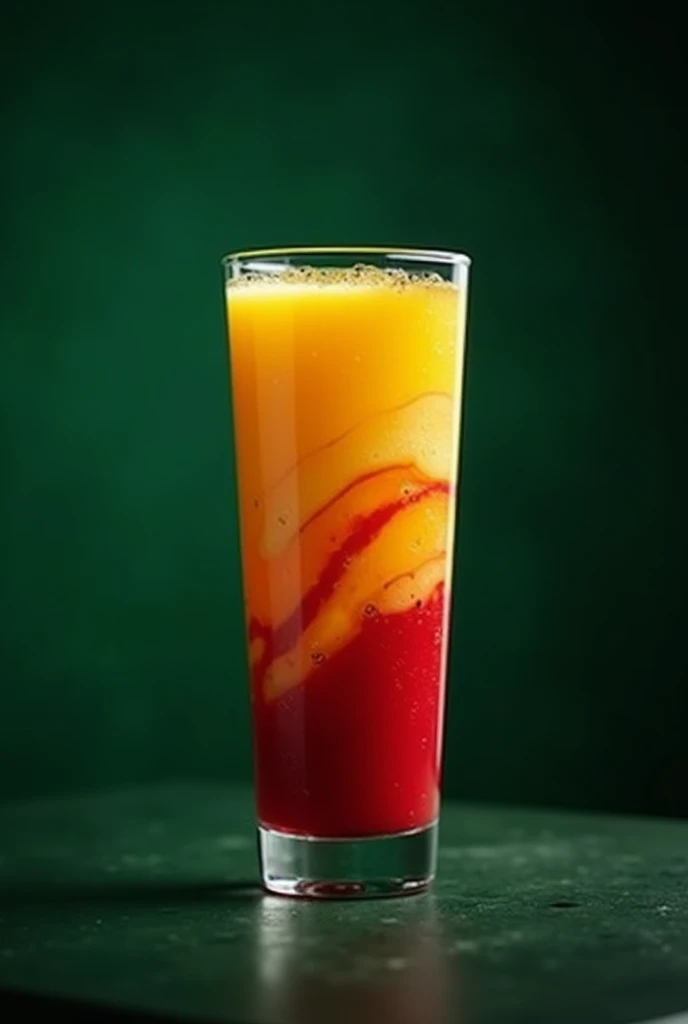 On a dark green nude background is a tall Glass cup. In the glass are  Mixed Yellow and red colored smoothie 