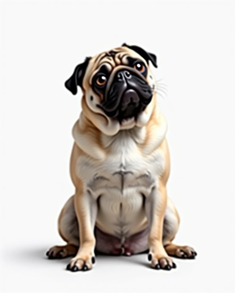 Pug dog sits and looks right on a white background realistic photo 