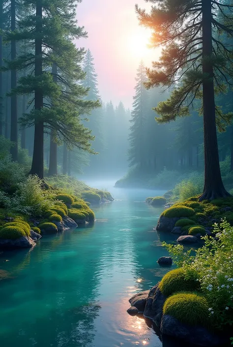 A lush, ultra-detailed forest scene at dawn. Sunlight filters softly through towering emerald-green pine trees, illuminating a crystal-clear turquoise river winding through moss-covered rocks. Gentle mist hovers above the water, blending with a gradient sk...