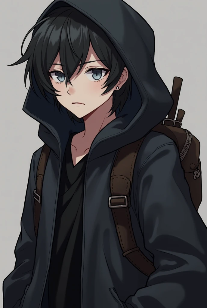 A man who is 175 centimeters tall , has a black jacket , wears a leather bag, grey eyes, black hair. Wears a black hood. Medium build. Serious facial expression, a little shabby. A slightly feminine face, but still more masculine. Anime serious style