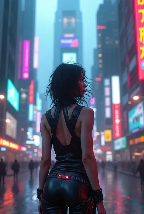 "A photorealistic 18-year-old girl standing in the middle of a  city at morrning, surrounded by towering skyscrapers with neon lights and holographic advertisements. She is wearing a sleek, futuristic outfit with glowing accents, and her hair is slightly w...