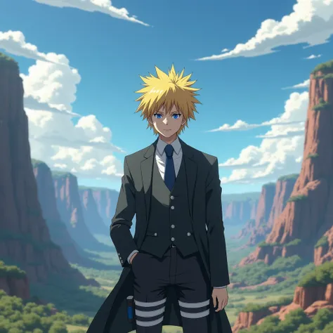 attack on titan screencap of a naruto with yellow hair and blue eyes. Beautiful scenery behind her. she is wearing a suit. MAPPA, season 4. wit studio screencap