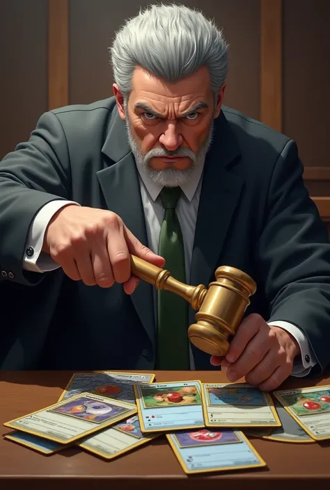 Judge pointing at Pokemon cards with a hammer 