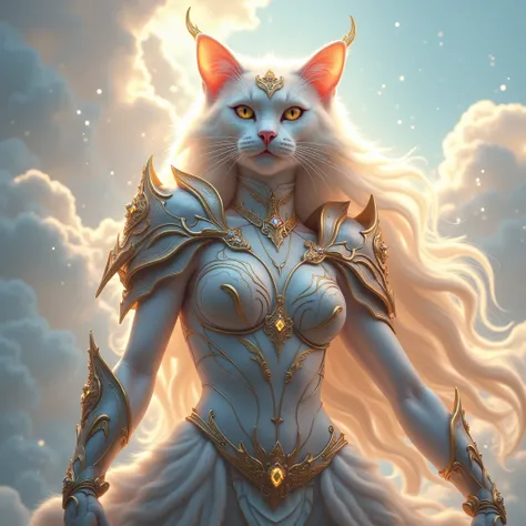 a warrior cat dressed in feminine heavenly armor with long hair and silky hair and an exuberant aura