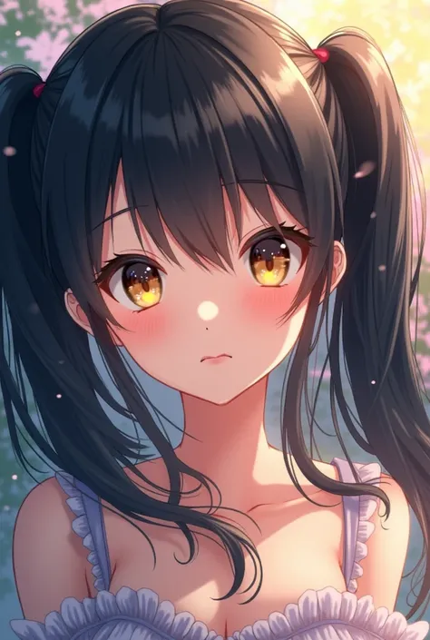 Anime girl with Black hair, pigtails, and Golden eyes 